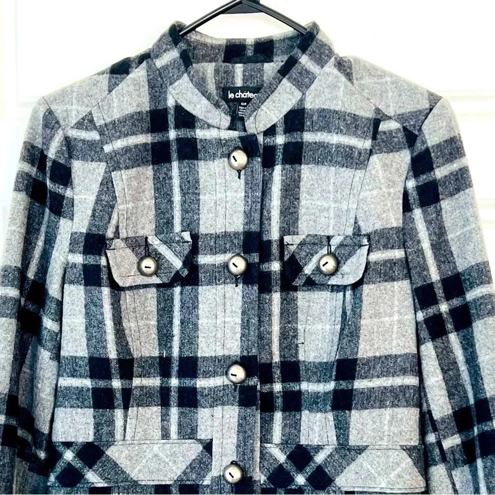 LE CHATEAU GREY BLACK PLAID CLASSIC BUTTON UP CUT BLAZER  SIZE S